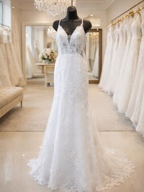 White Embroidered Lace Spaghetti Strap Bridal Gown, Size 12